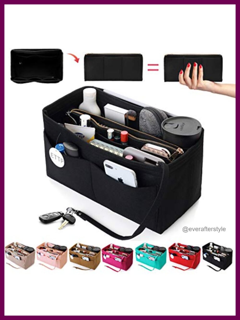Felt Purse Organizer Insert with Metal Zipper and Detachable Wallet Pocket
